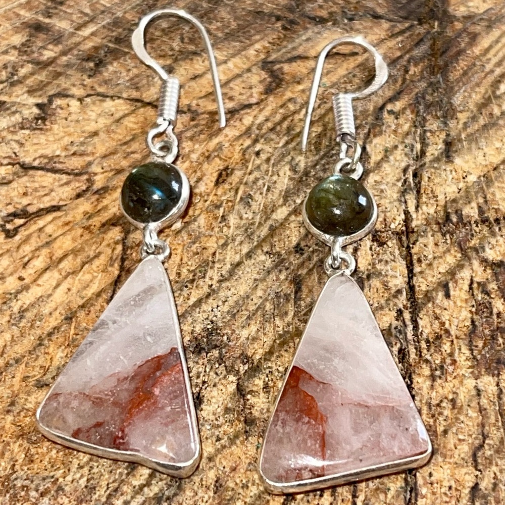 Labradorite & Phantom Fire Quartz Earrings 2” - Picture 12 of 13